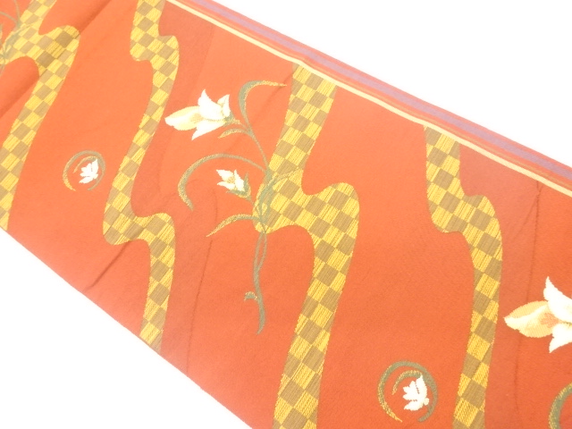 リサイクル　本場筑前博多草花に曲線・市松模様織出し名古屋帯